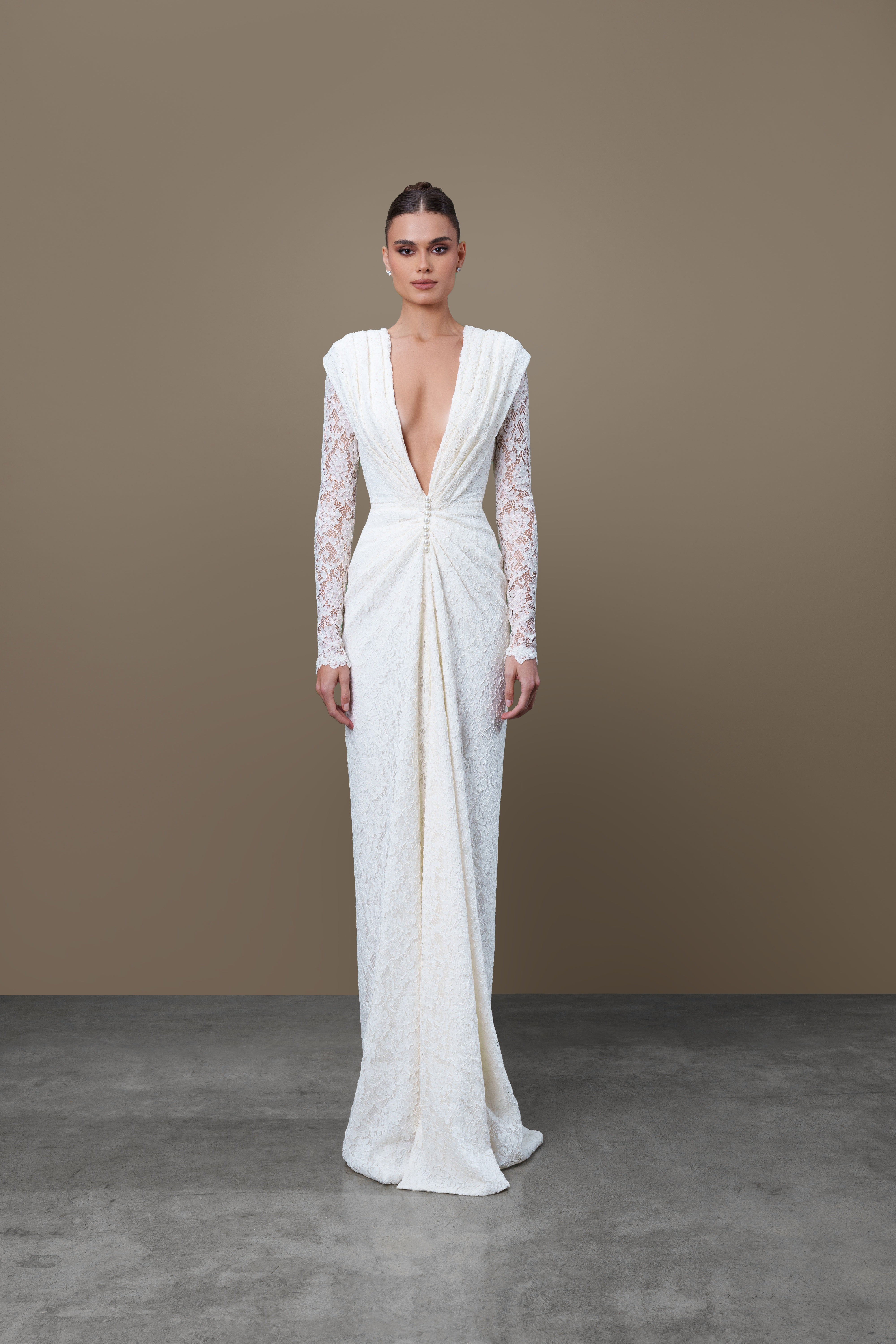 Dantel with Pearl Broche and Waist Drapings Dress