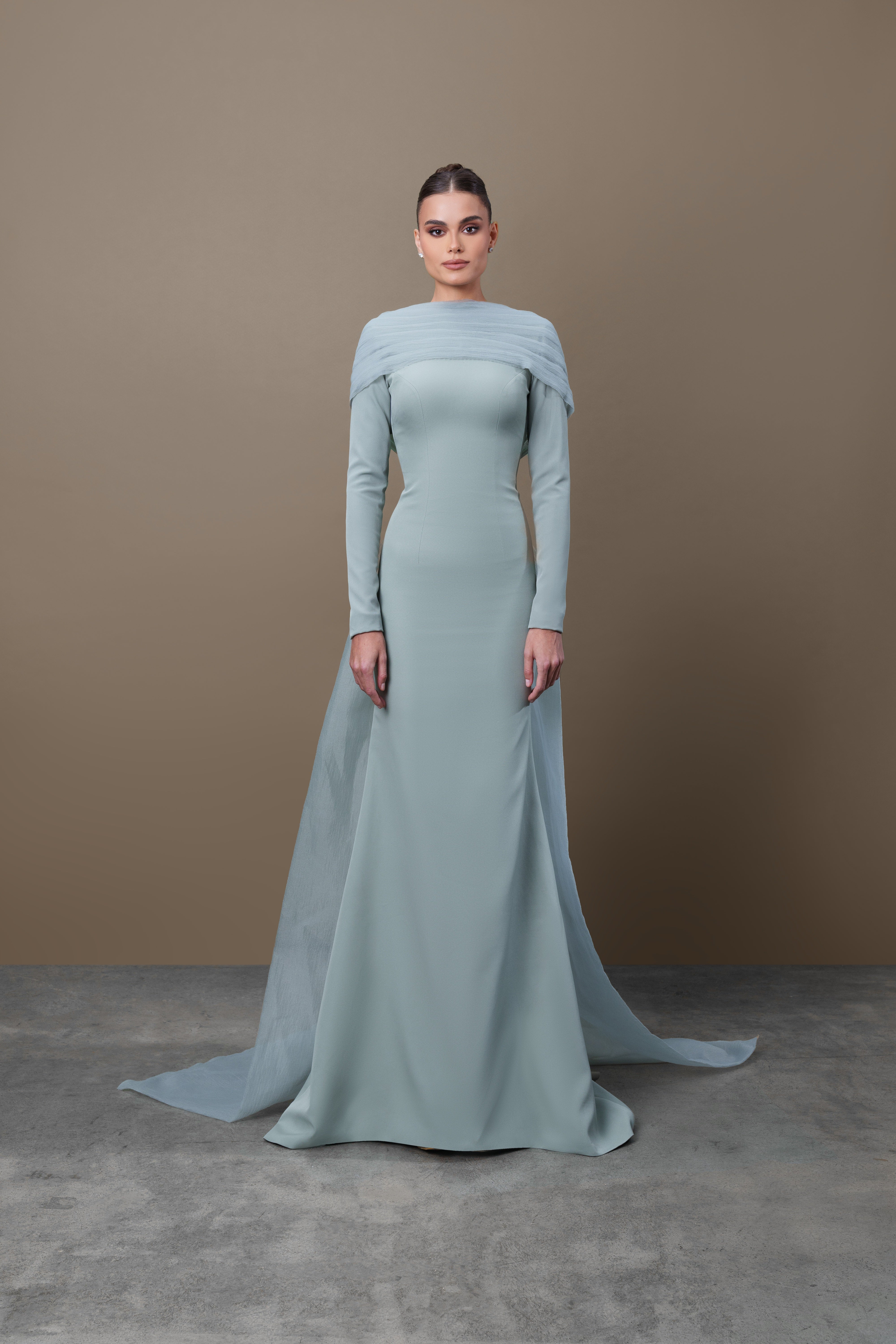 Crepe and Gazar Long Sleeves Open Back Dress