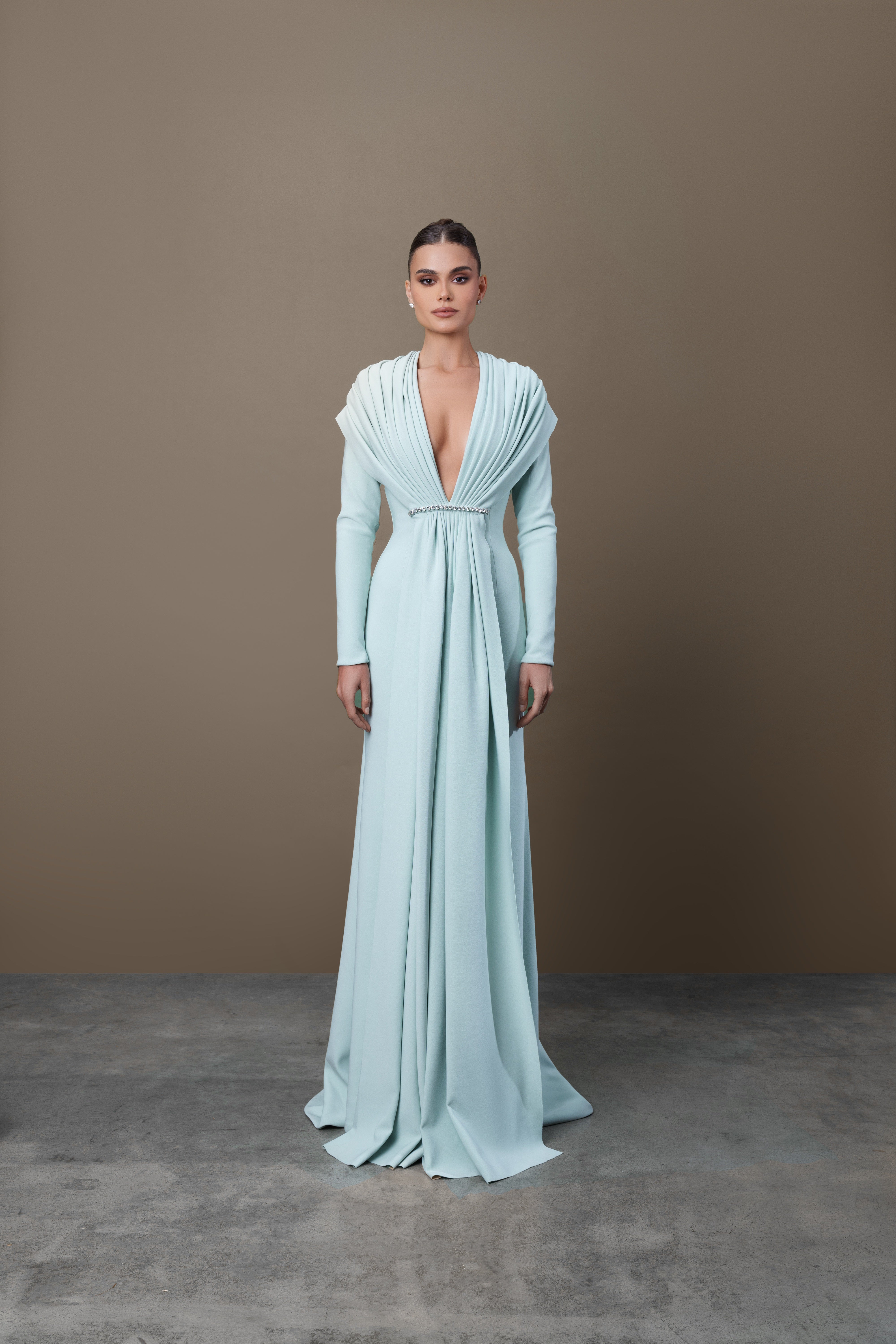 Thick Crepe Stretch with Drapes and Crystal Broche Dress