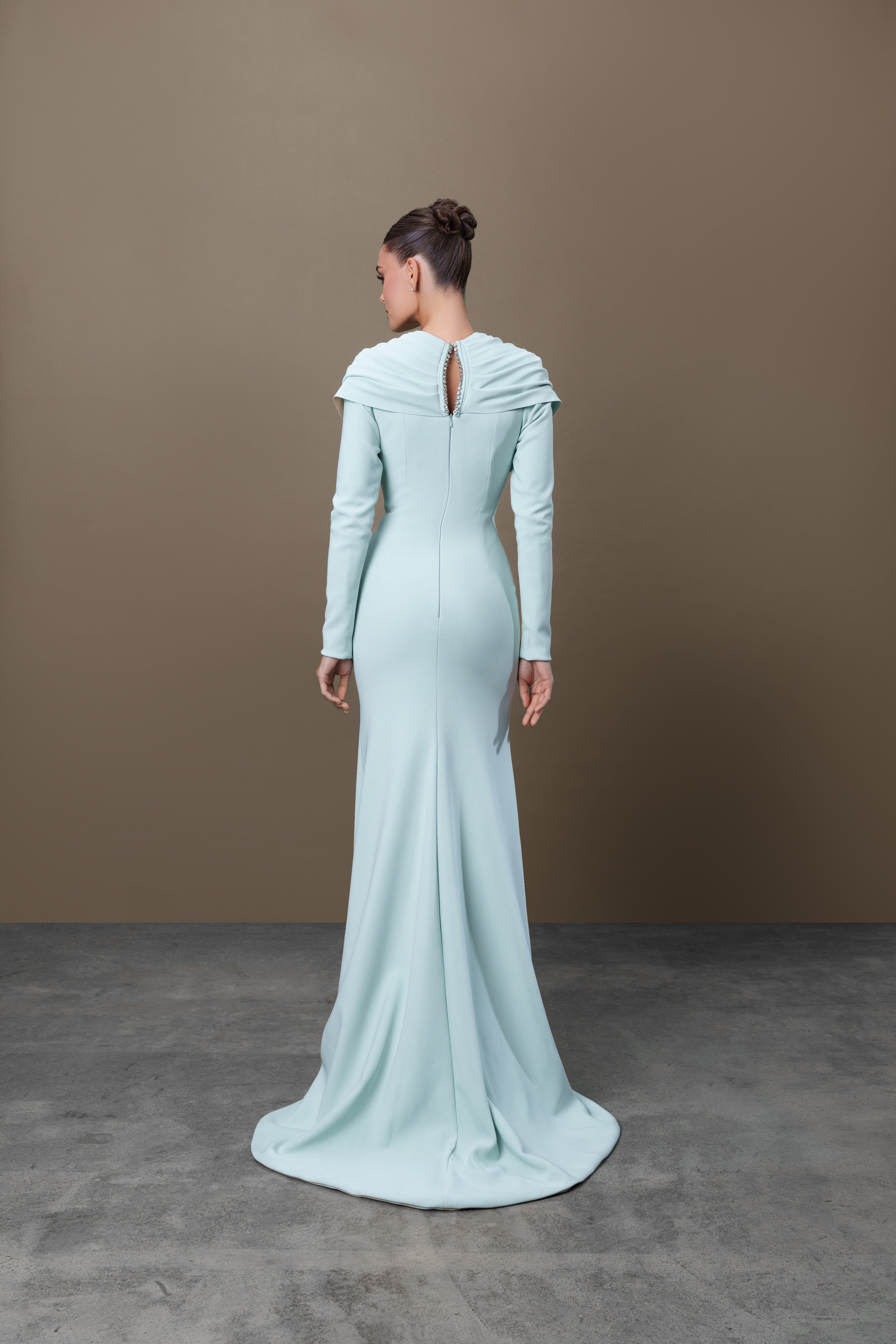Thick Crepe Stretch with Drapes and Crystal Broche Dress