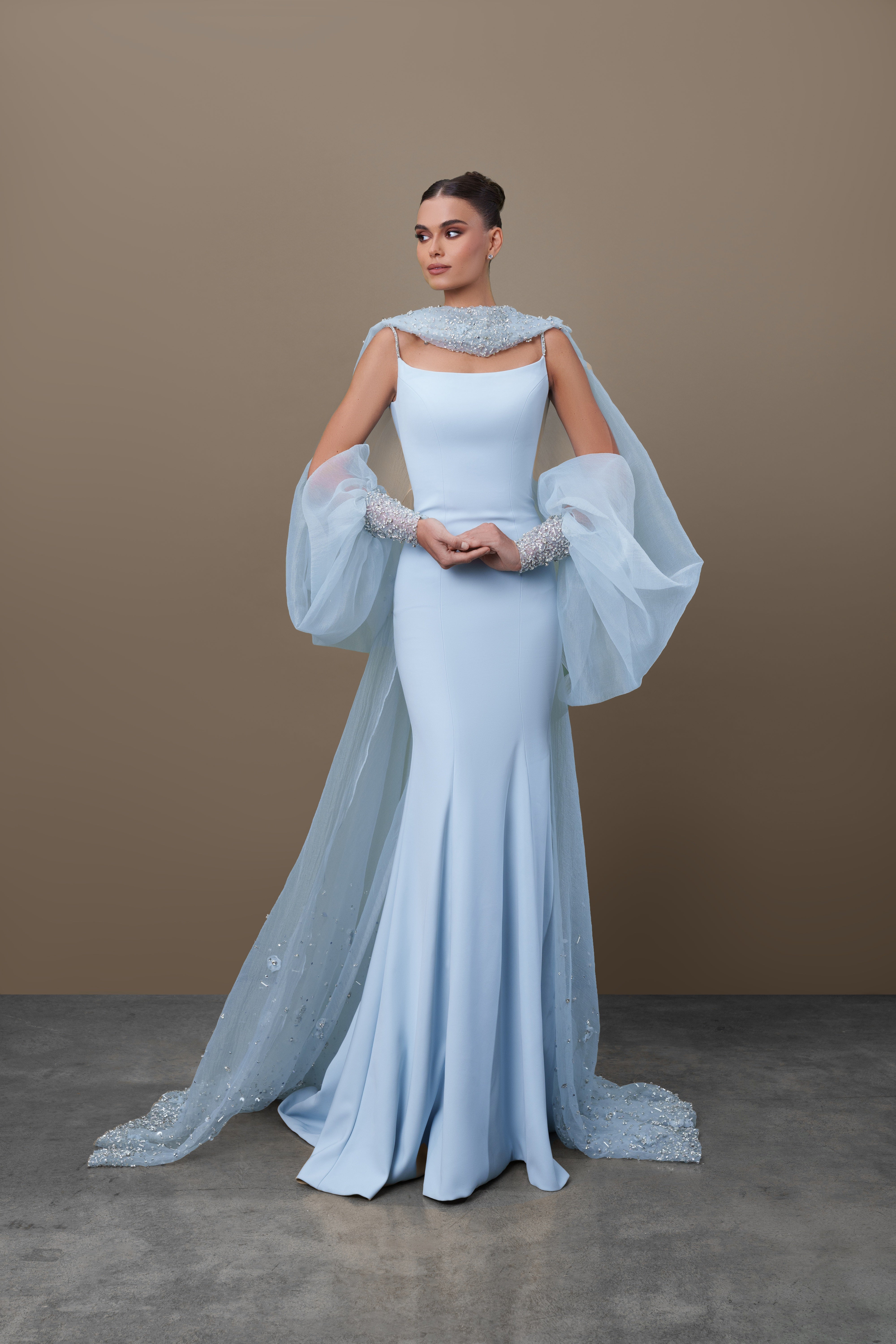 Crepe with Gazar Scarf Embellished Dress