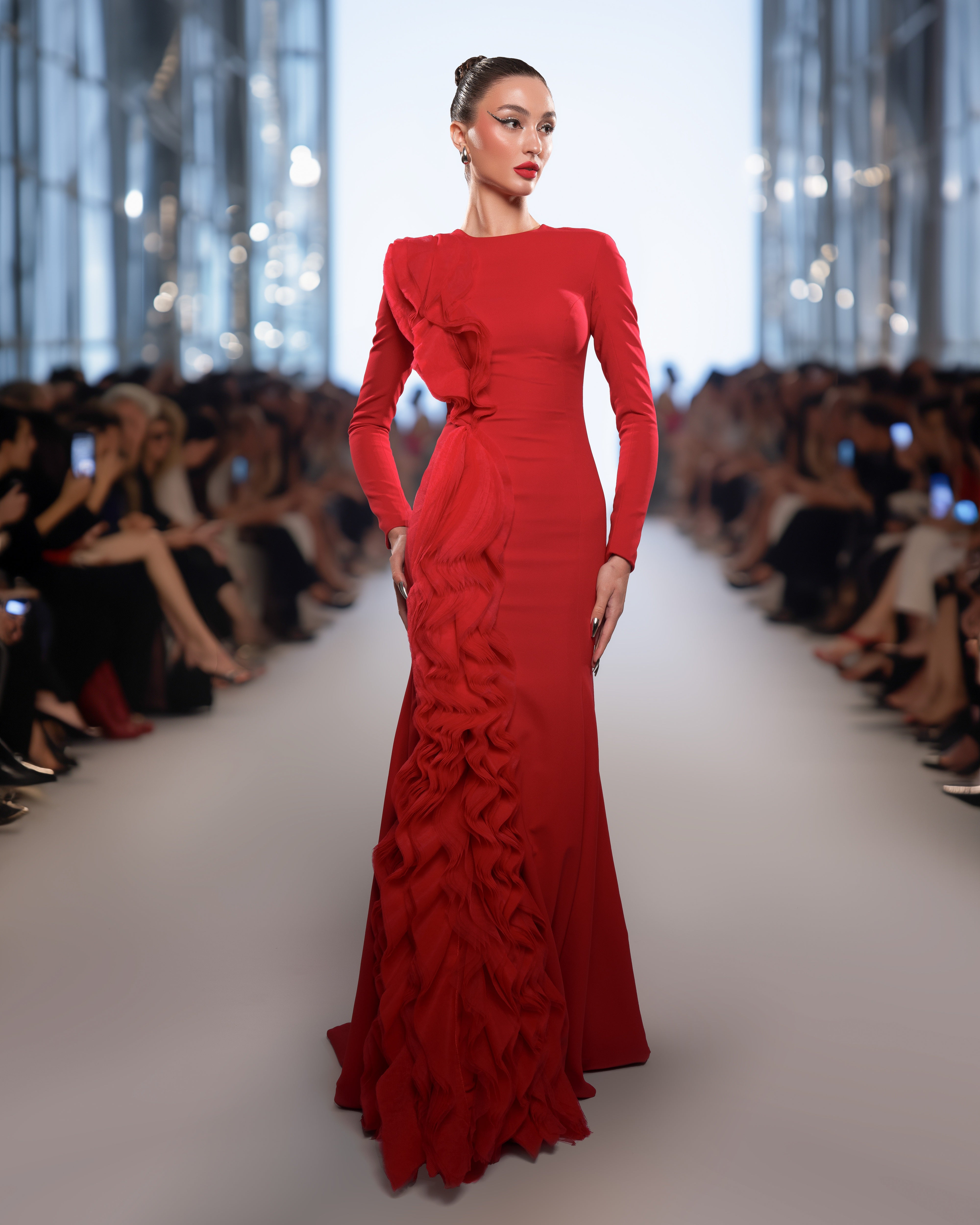 Crepe and tulle Side ruffles Dress