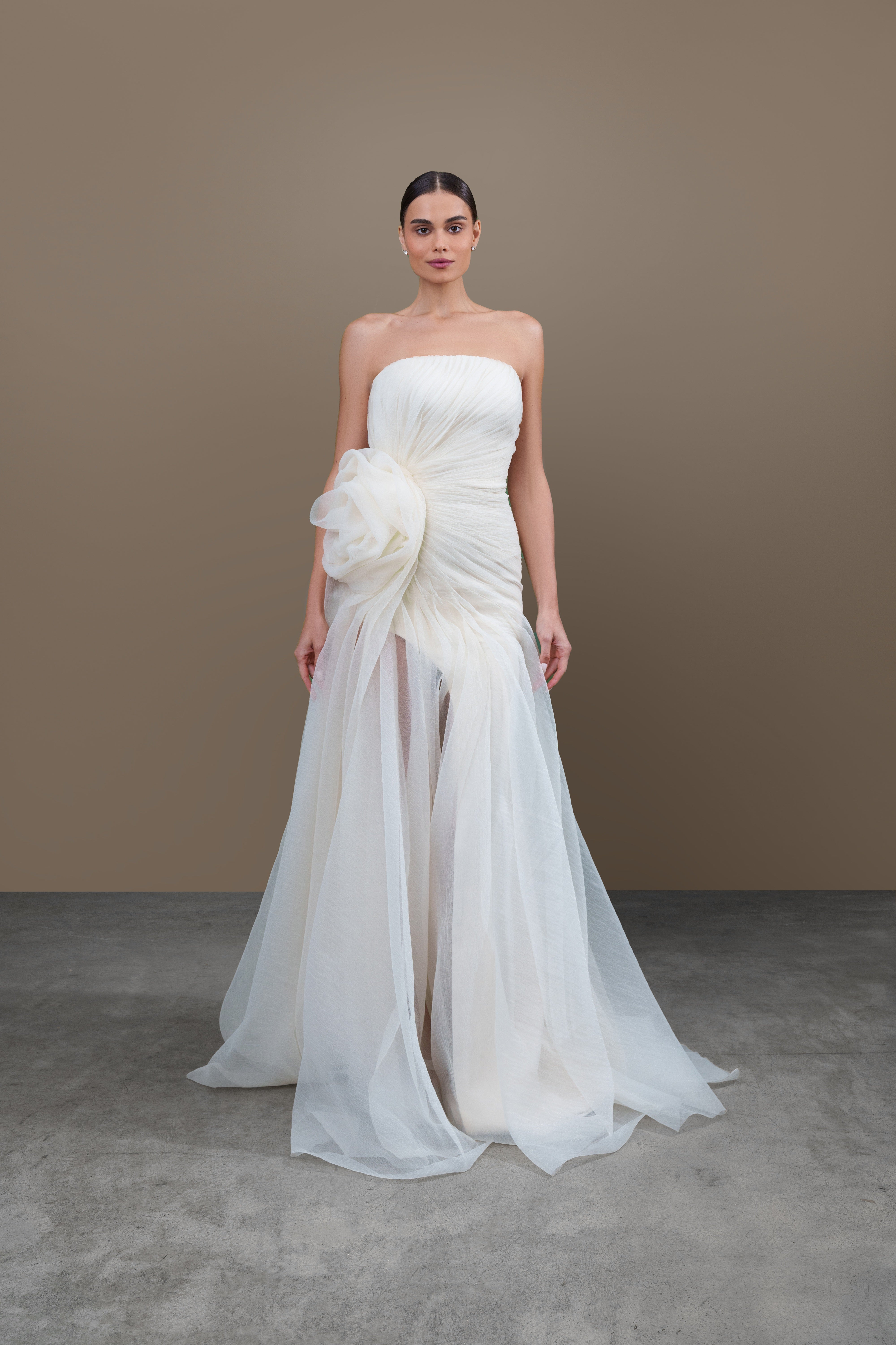 Draped cotton gazar dress with side rose