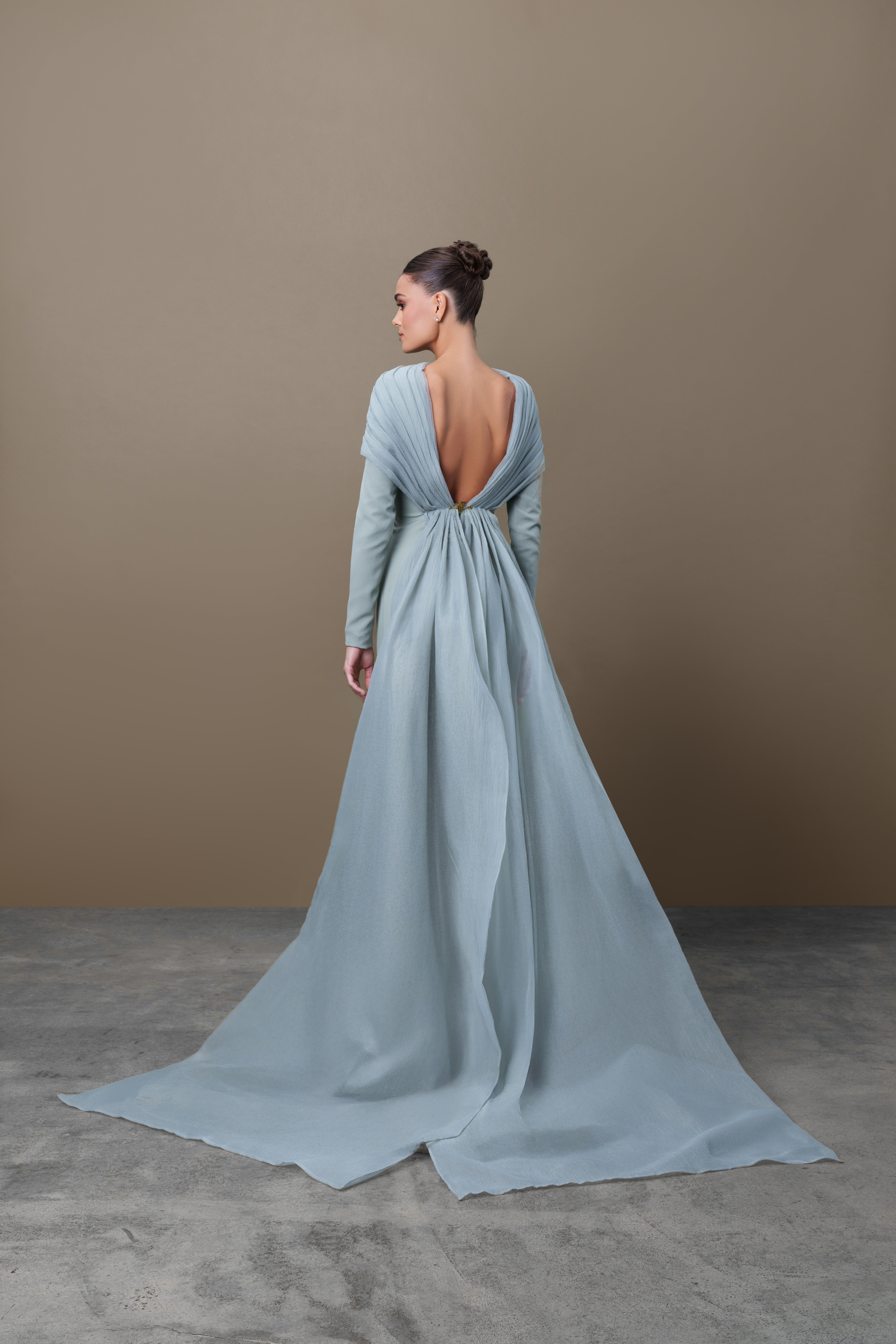 Crepe and Gazar Long Sleeves Open Back Dress
