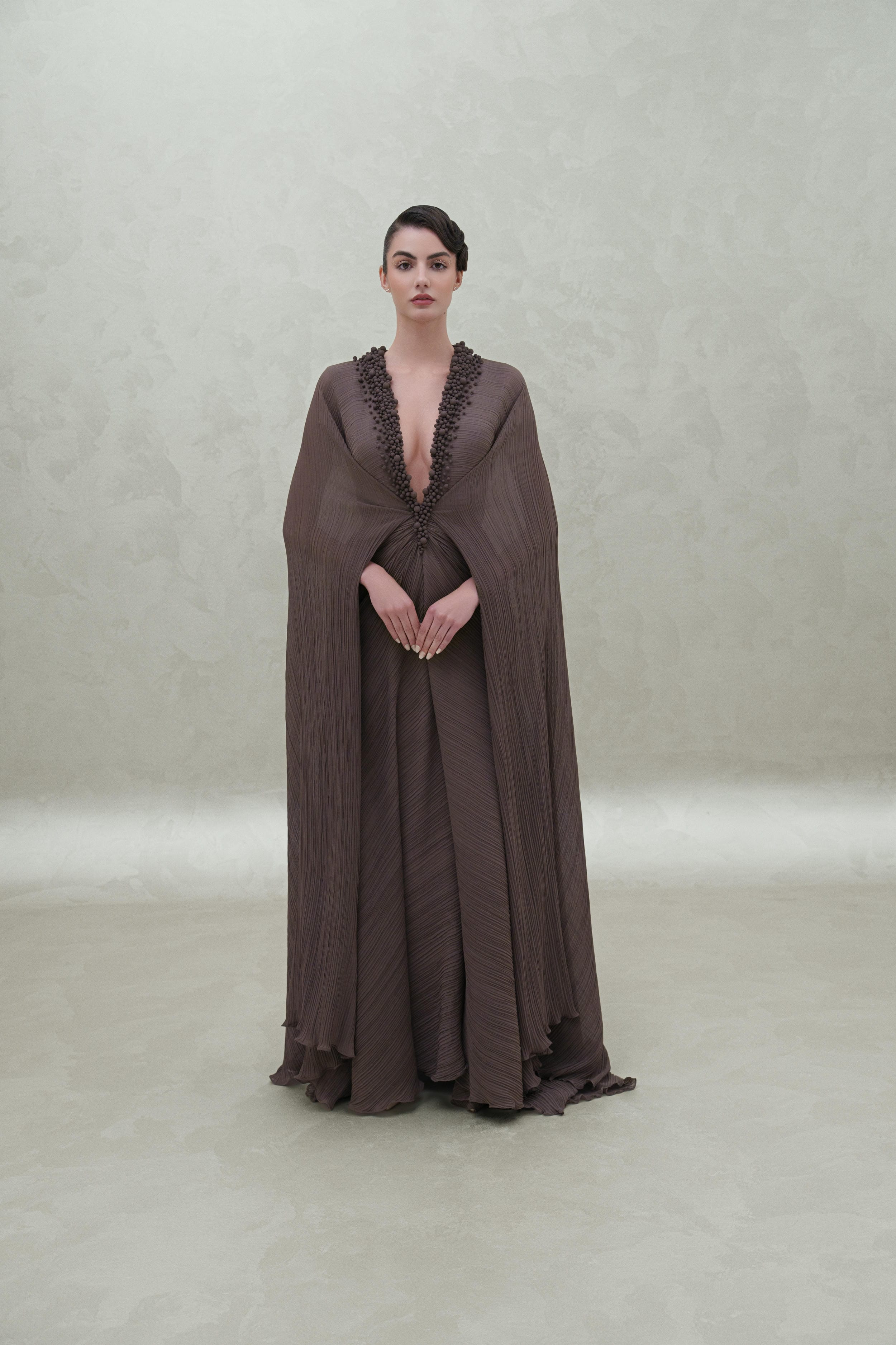 front matt pearls long dress
