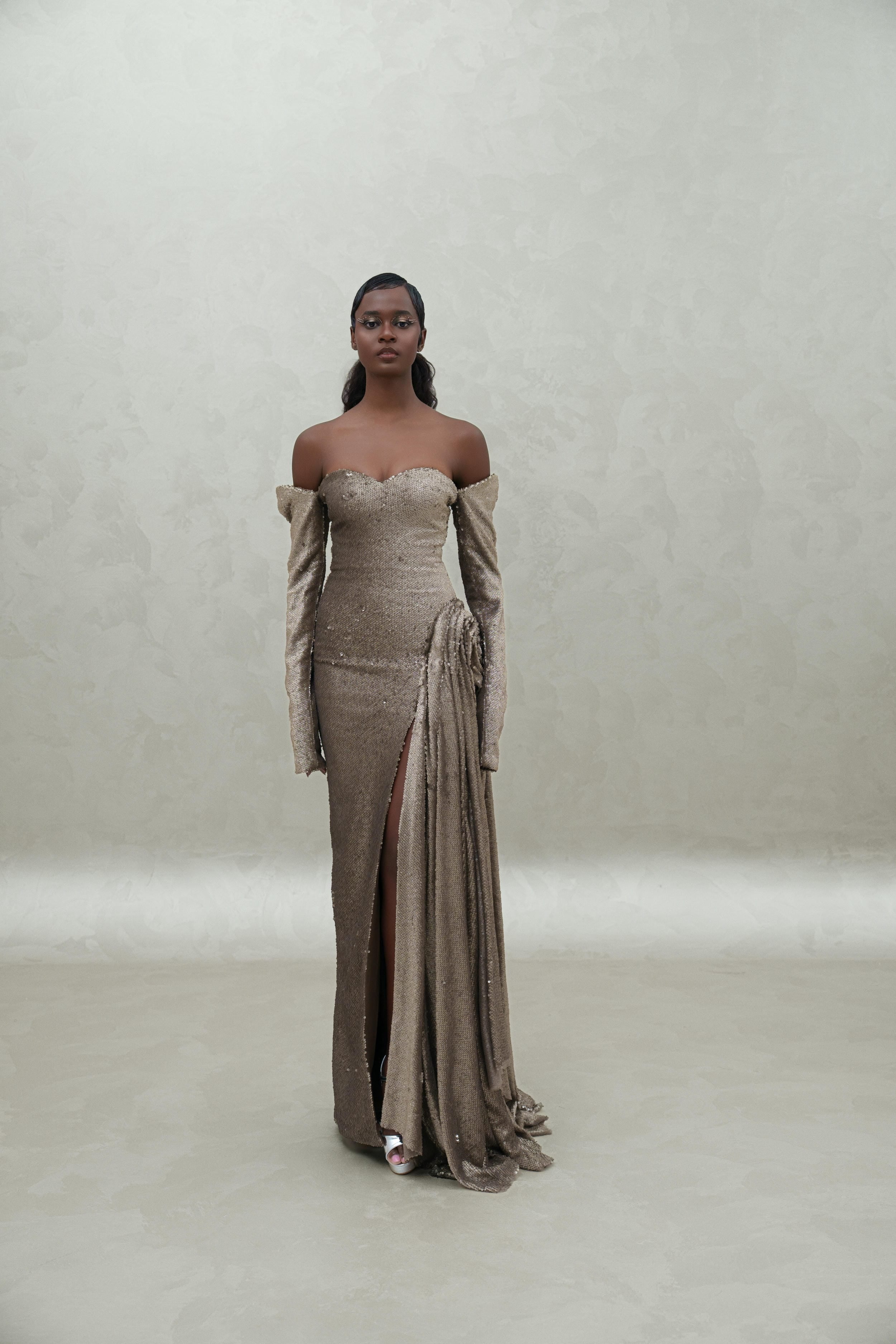 sequined dress with sewed gloves