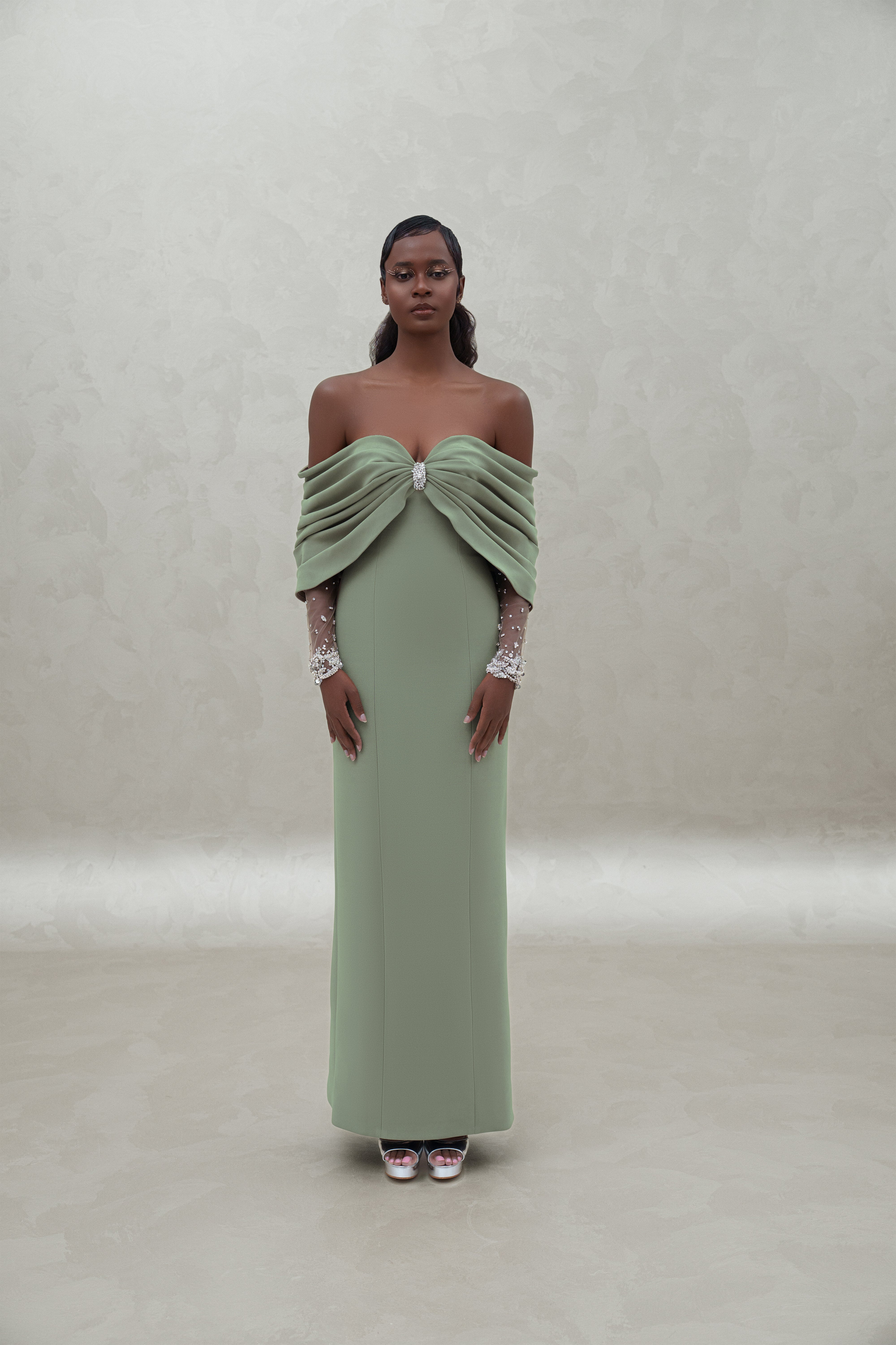 off shoulder dress with crystal wrists