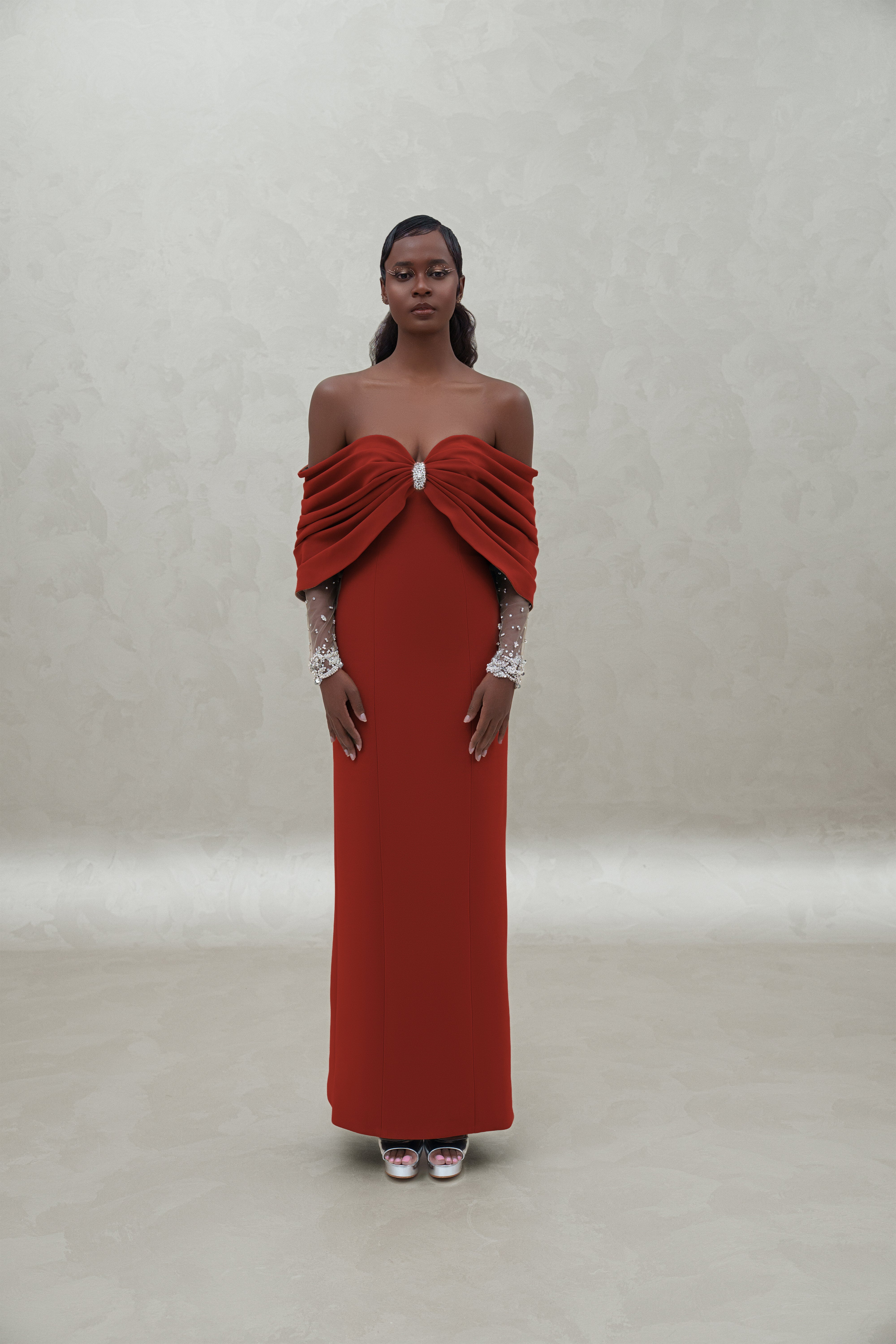 off shoulder dress with crystal wrists