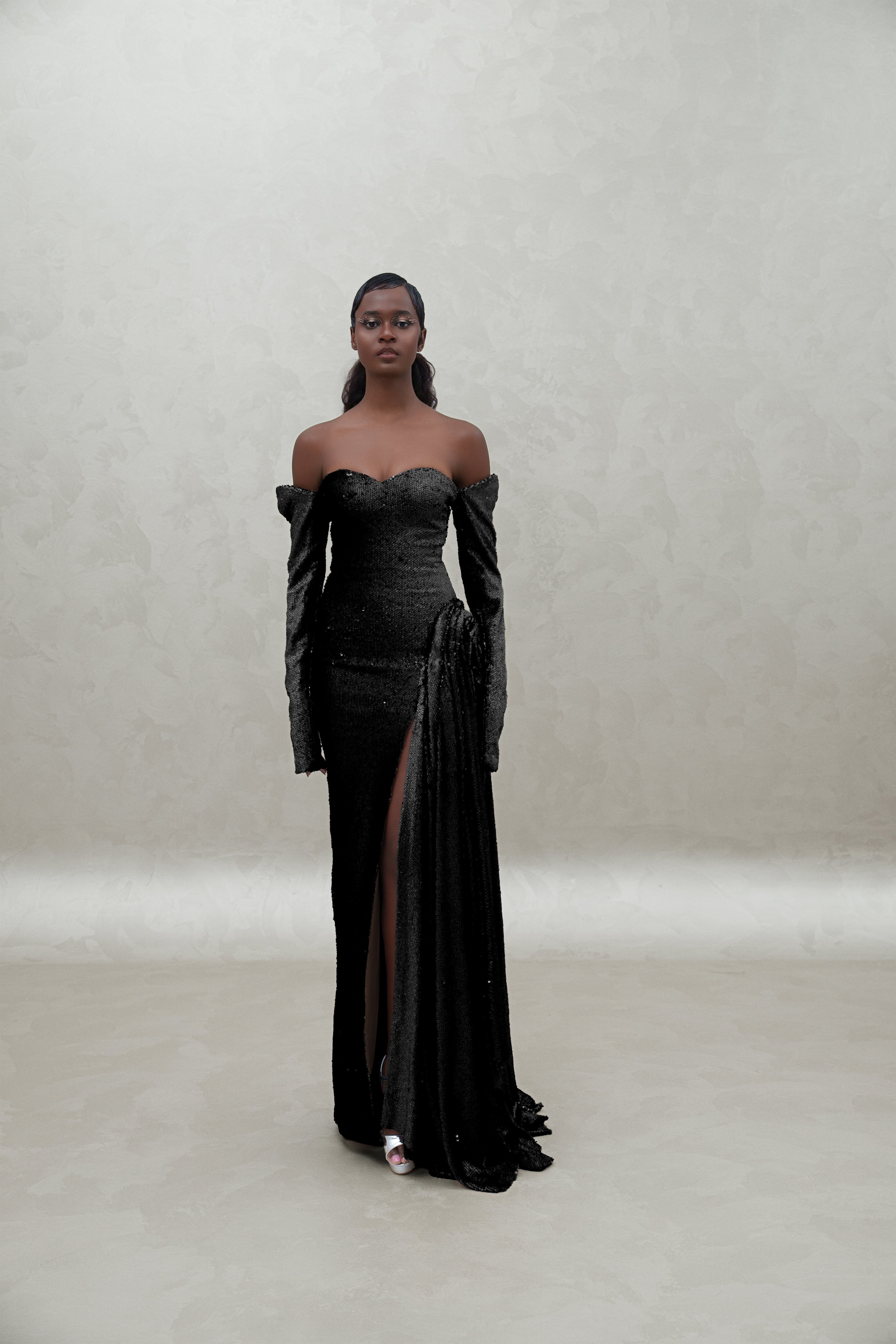 sequined dress with sewed gloves