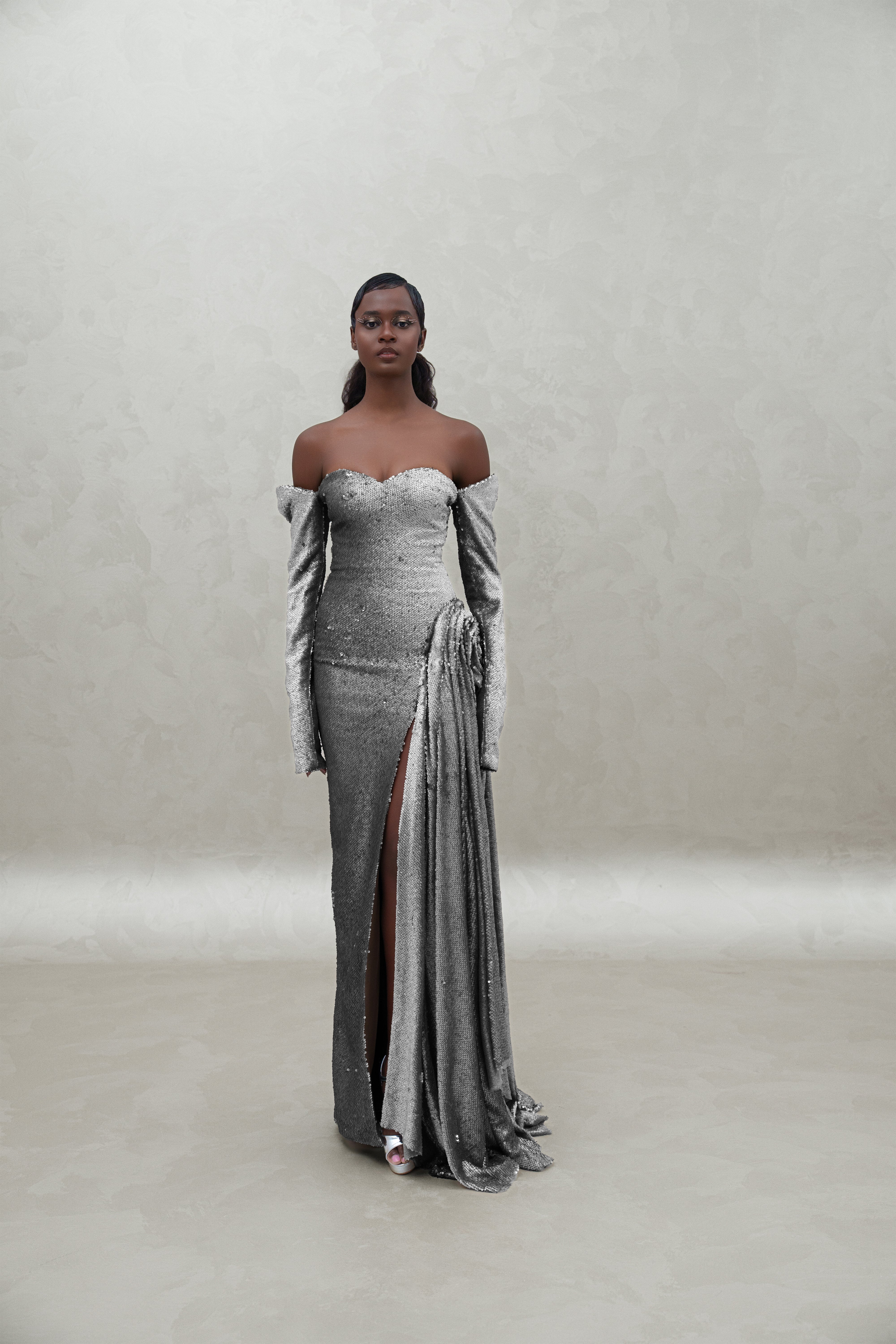 sequined dress with sewed gloves