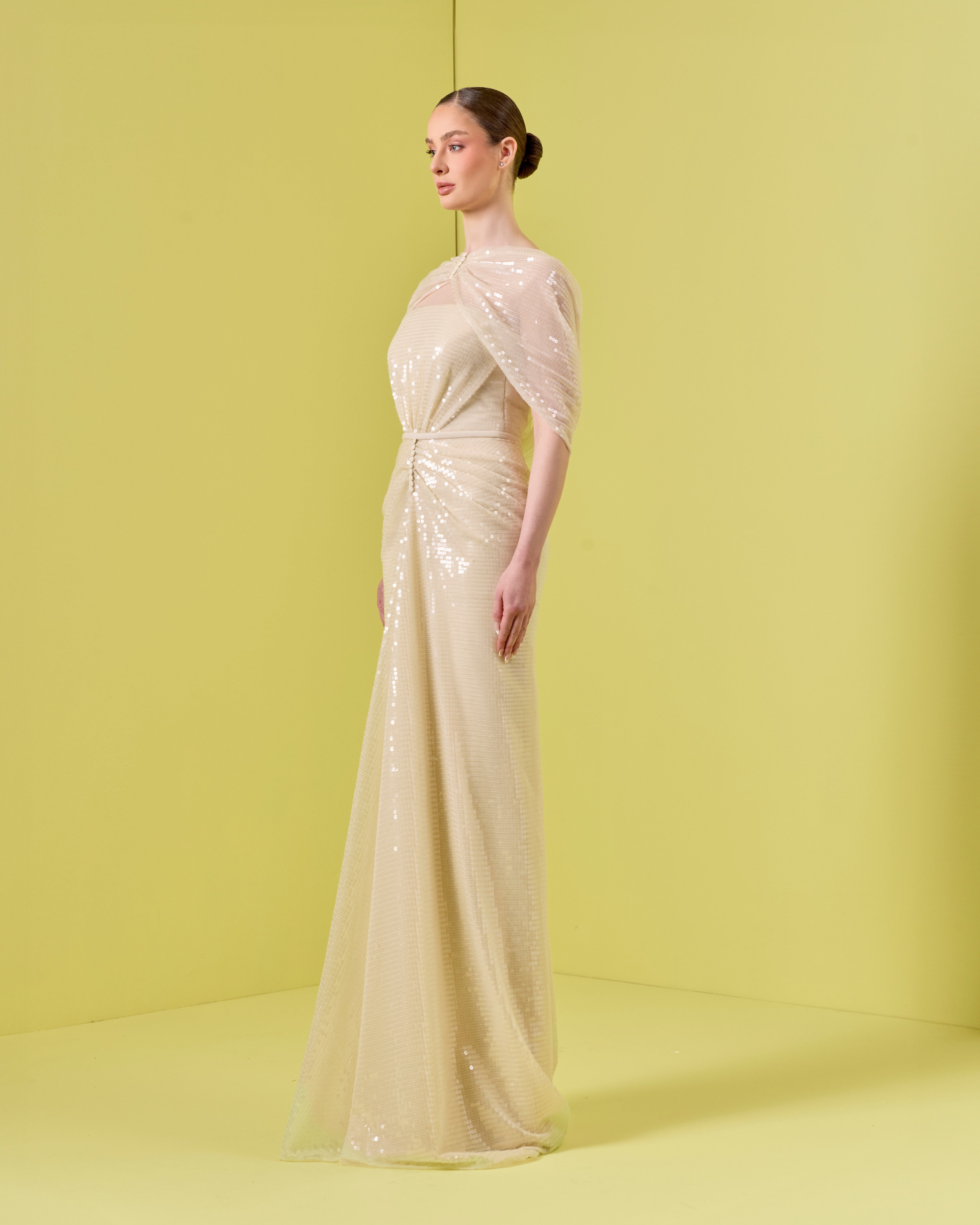 Waist Foldings Front Drape With Shawl Full Sequin Dress