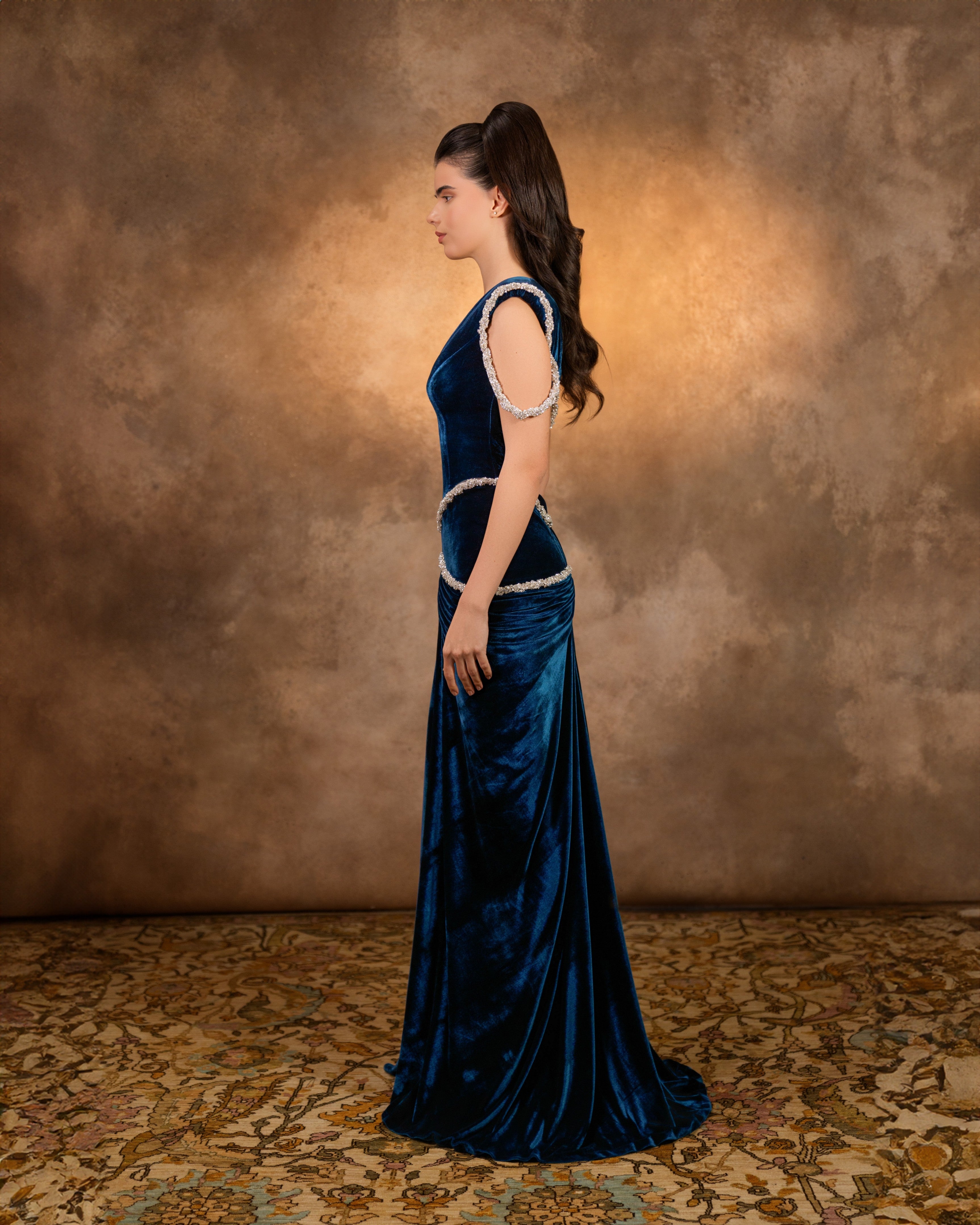 Velvet with crystal hips and front draping