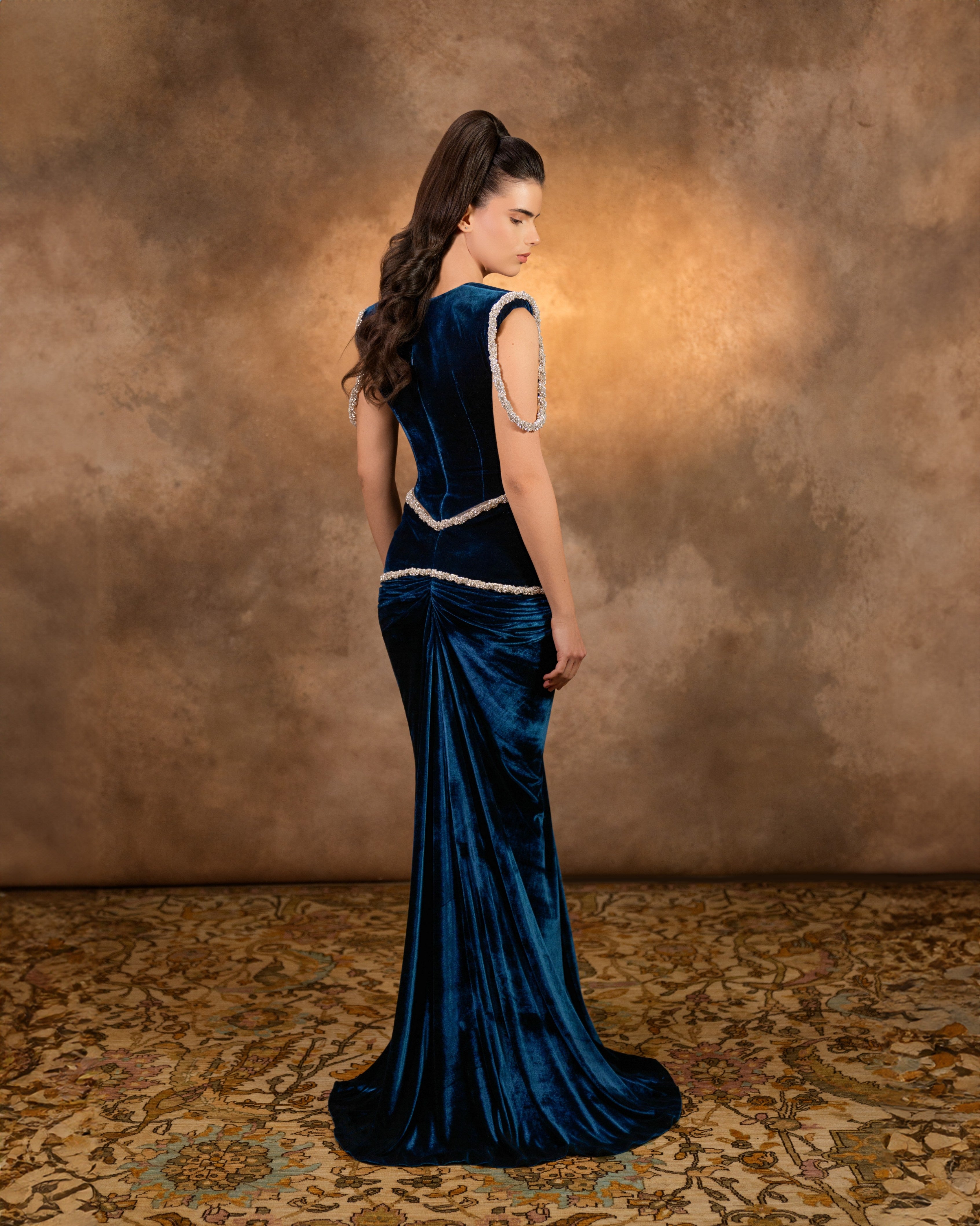 Velvet with crystal hips and front draping