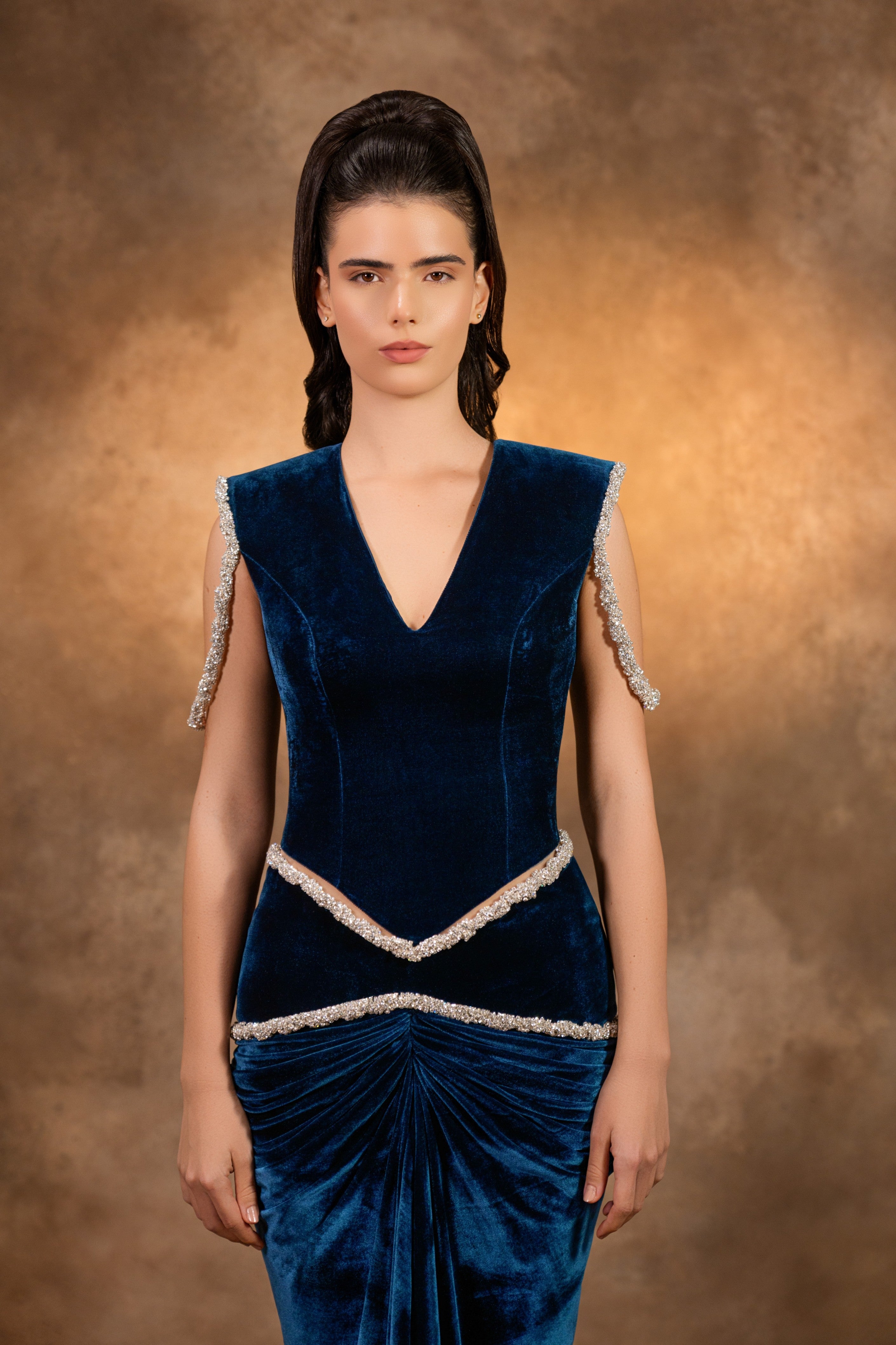 Velvet with crystal hips and front draping