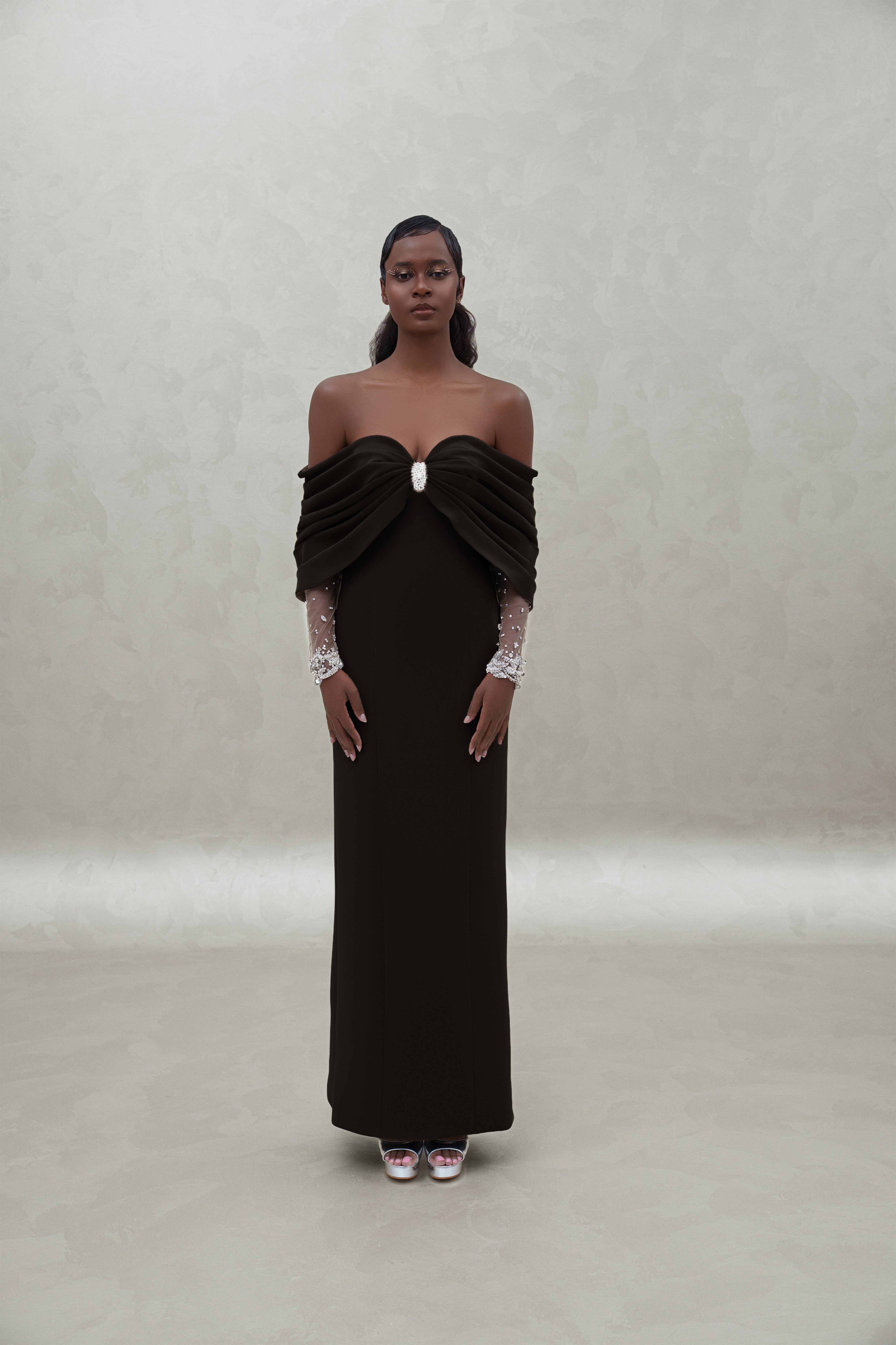 off shoulder dress with crystal wrists