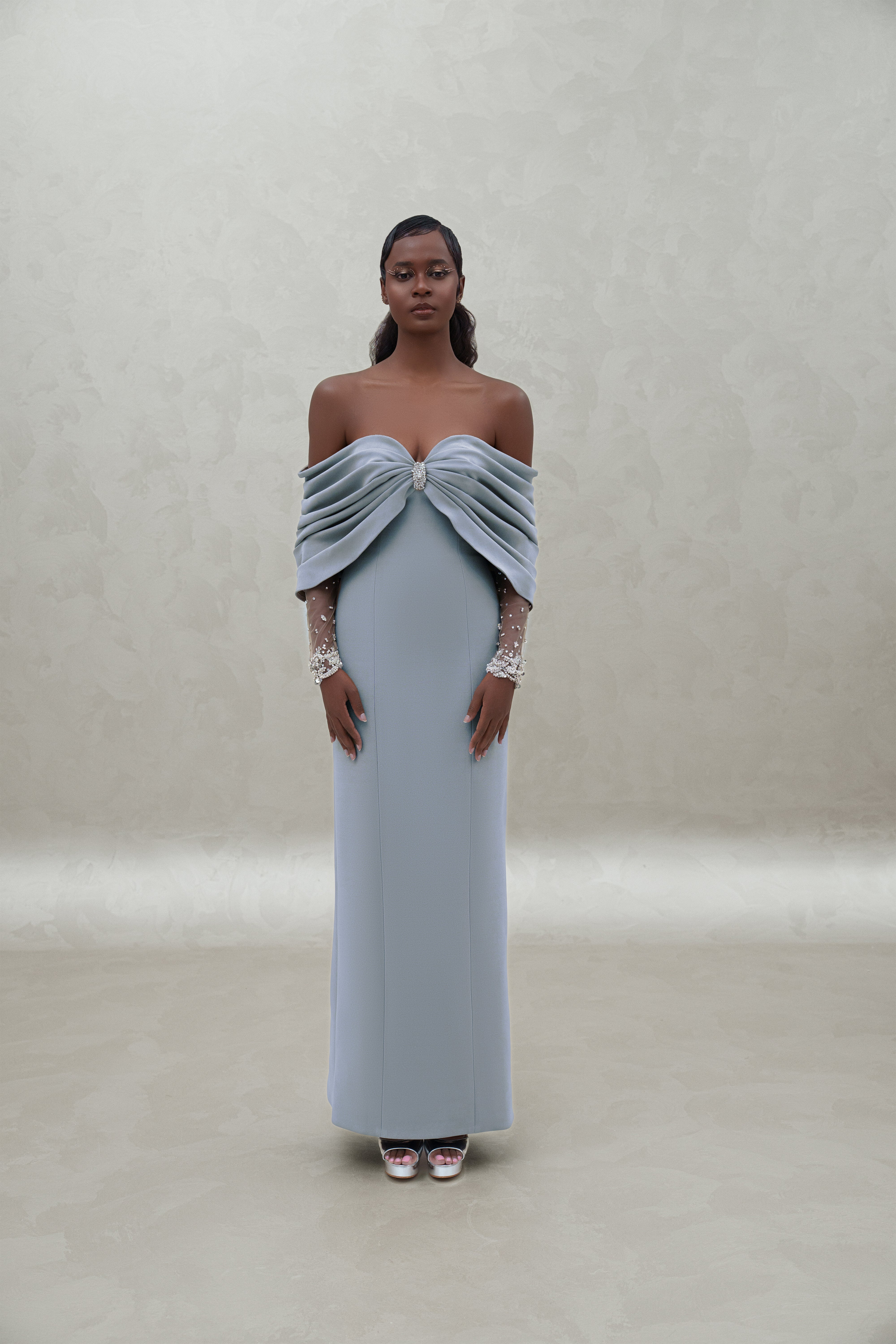 off shoulder dress with crystal wrists